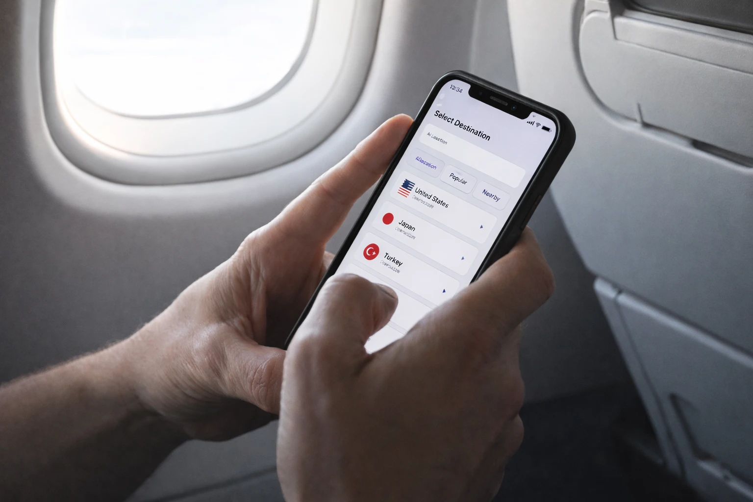 A smartphone displaying the BlueSky eSIM app with available destinations